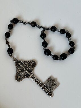 Vintage Catholic Rosary Key of Heaven Black Bead Rosary Religious Prayer